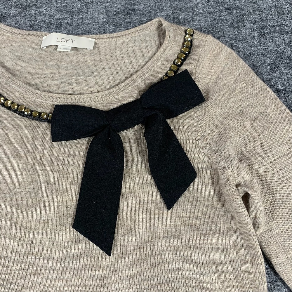 Ann Taylor Loft Sweater Womens Small Beige Lightweight Bow Tie Wool Blend Luxury - Picture 5 of 12